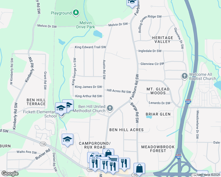map of restaurants, bars, coffee shops, grocery stores, and more near 3721 Hill Acres Road Southwest in Atlanta