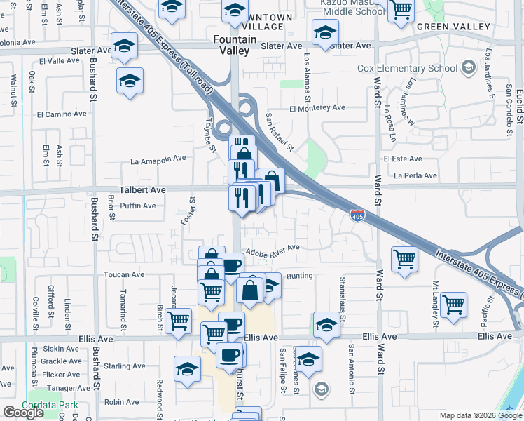 map of restaurants, bars, coffee shops, grocery stores, and more near 18102 Brookhurst Street in Fountain Valley