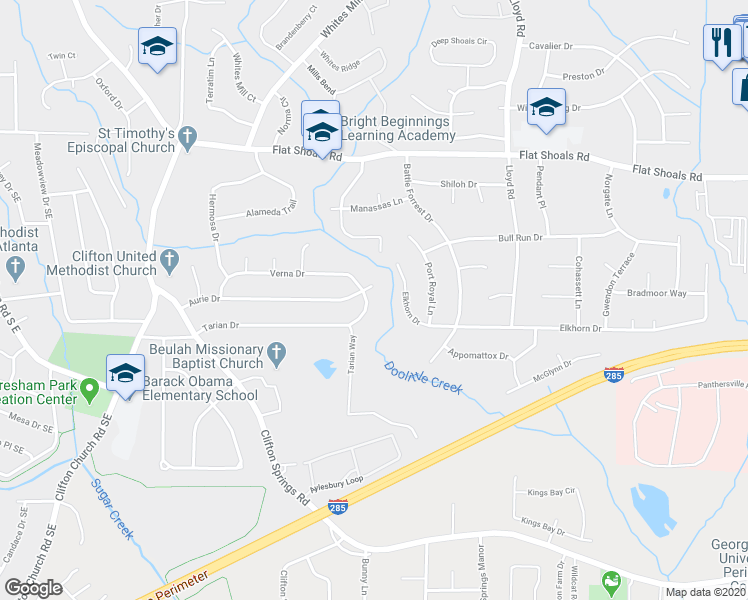 map of restaurants, bars, coffee shops, grocery stores, and more near 2429 Tarian Drive in Decatur