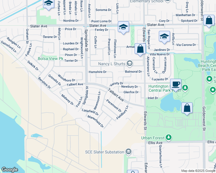 map of restaurants, bars, coffee shops, grocery stores, and more near 18022 Dellglen Circle in Huntington Beach