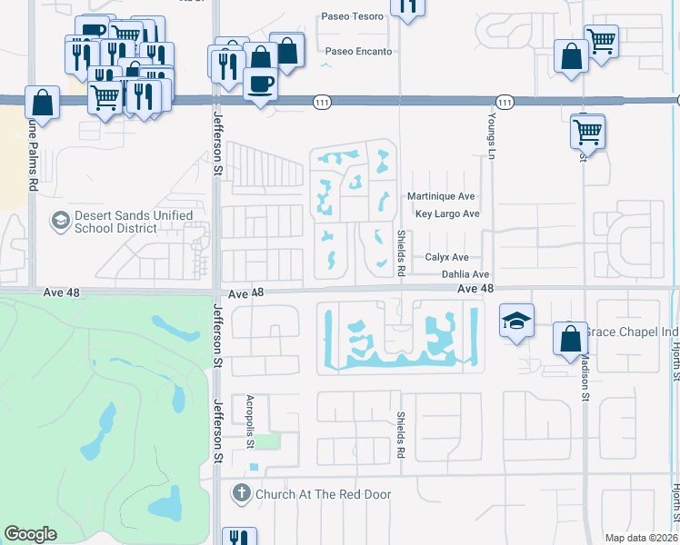 map of restaurants, bars, coffee shops, grocery stores, and more near 80394 Avenue 48 in Indio