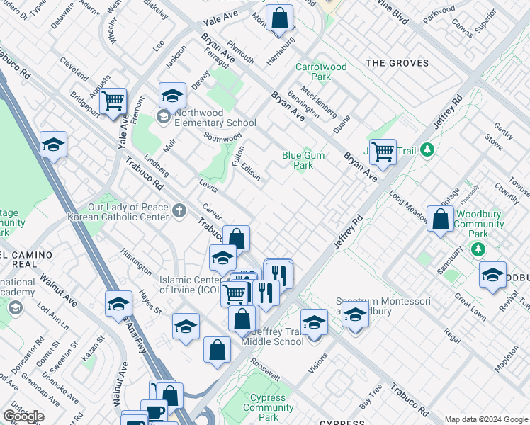 map of restaurants, bars, coffee shops, grocery stores, and more near 24 Crockett in Irvine