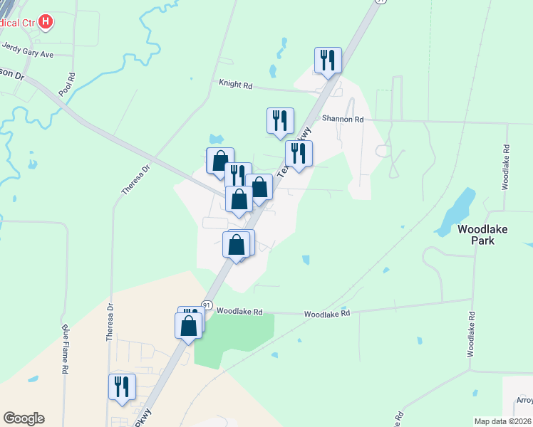 map of restaurants, bars, coffee shops, grocery stores, and more near 5010 Texas 91 in Denison