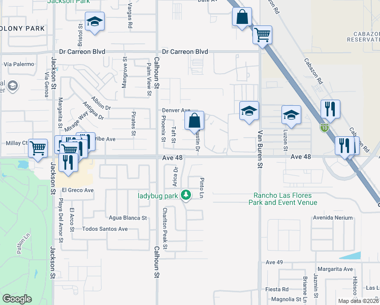 map of restaurants, bars, coffee shops, grocery stores, and more near 83637 Sacramento Avenue in Indio