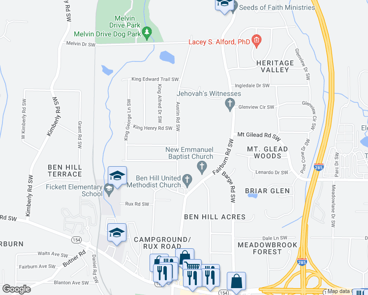 map of restaurants, bars, coffee shops, grocery stores, and more near 3731 Hill Acres Road Southwest in Atlanta