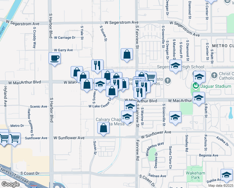 map of restaurants, bars, coffee shops, grocery stores, and more near 3101 West MacArthur Boulevard in Santa Ana