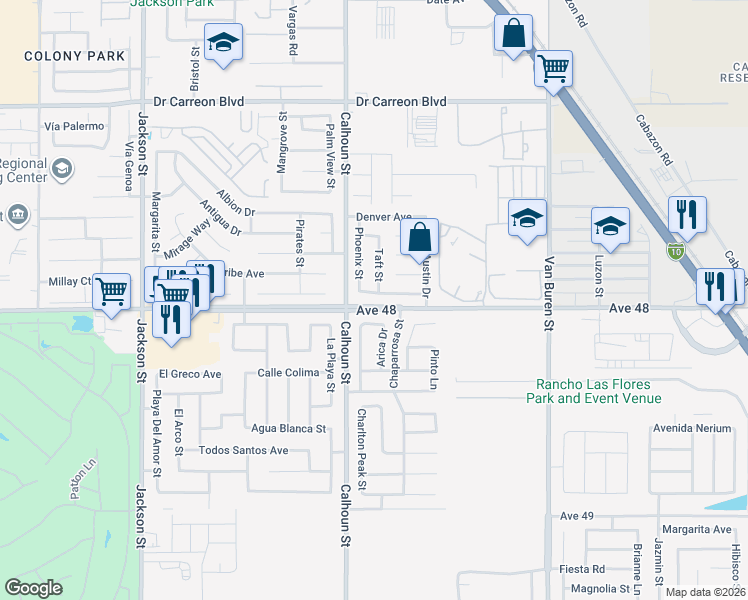 map of restaurants, bars, coffee shops, grocery stores, and more near 83581 Sacramento Avenue in Indio