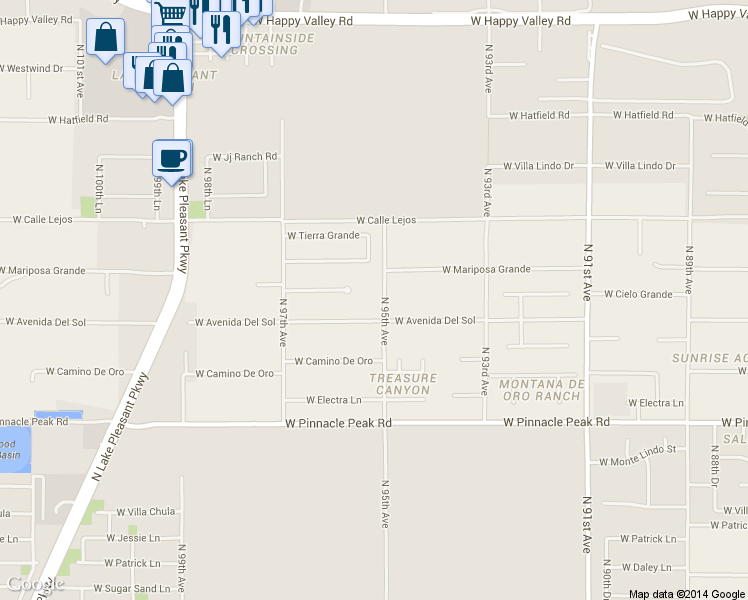 map of restaurants, bars, coffee shops, grocery stores, and more near 23818 North 95th Avenue in Peoria