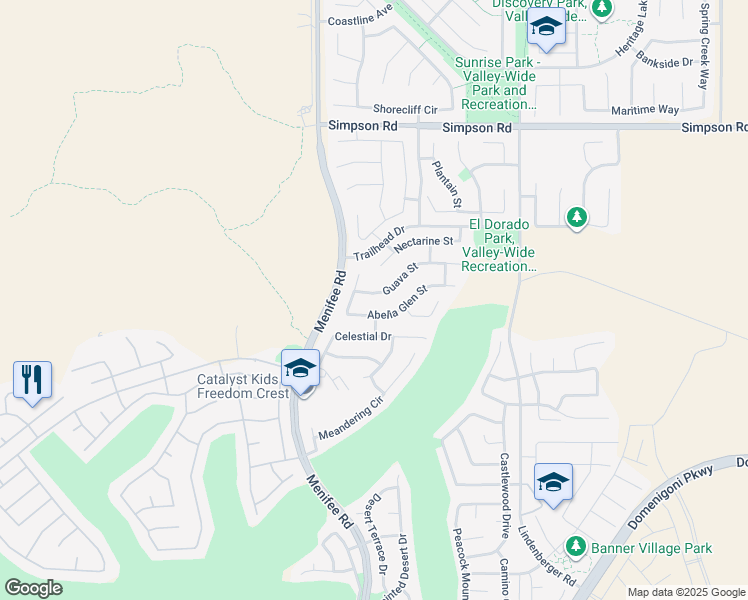 map of restaurants, bars, coffee shops, grocery stores, and more near 29079 Guava Street in Menifee
