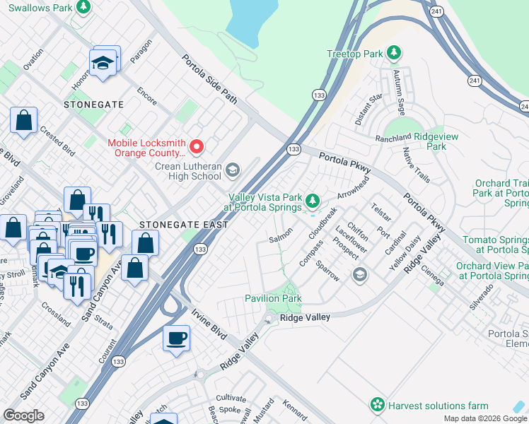 map of restaurants, bars, coffee shops, grocery stores, and more near 52 Origin in Irvine