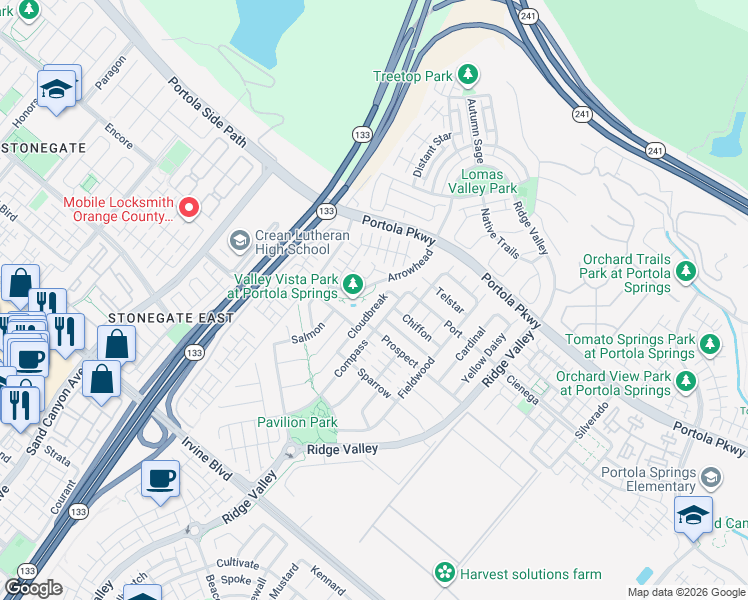 map of restaurants, bars, coffee shops, grocery stores, and more near 153 Cloudbreak in Irvine