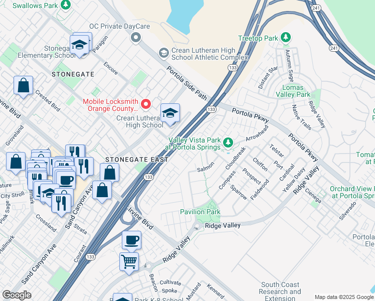 map of restaurants, bars, coffee shops, grocery stores, and more near 214 Capricorn in Irvine
