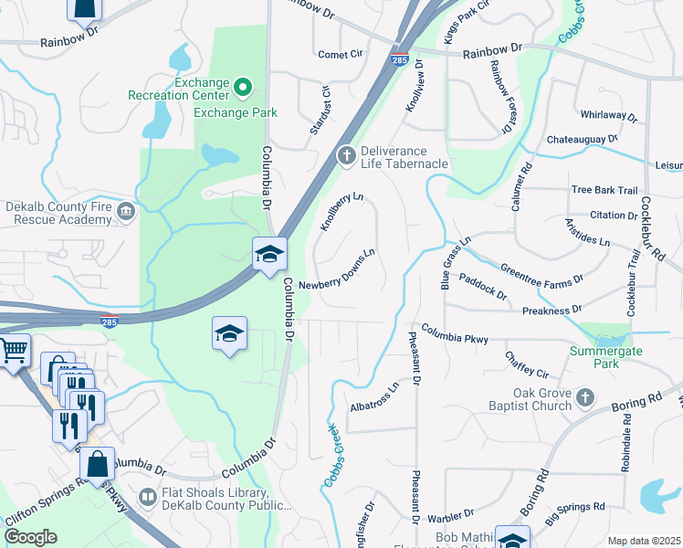 map of restaurants, bars, coffee shops, grocery stores, and more near 3470 Newberry Downs Lane in Decatur