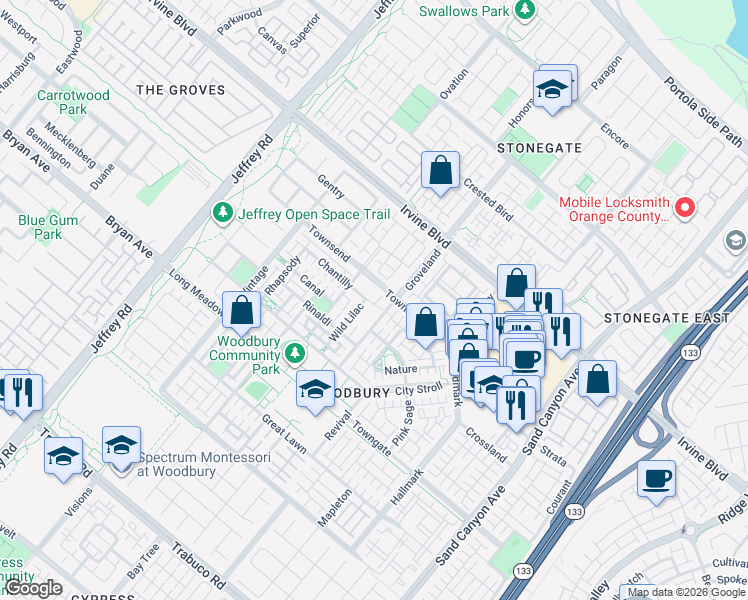 map of restaurants, bars, coffee shops, grocery stores, and more near 123 Chantilly in Irvine