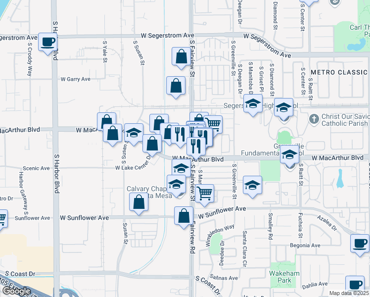 map of restaurants, bars, coffee shops, grocery stores, and more near 2961 W MacArthur Blvd in Santa Ana