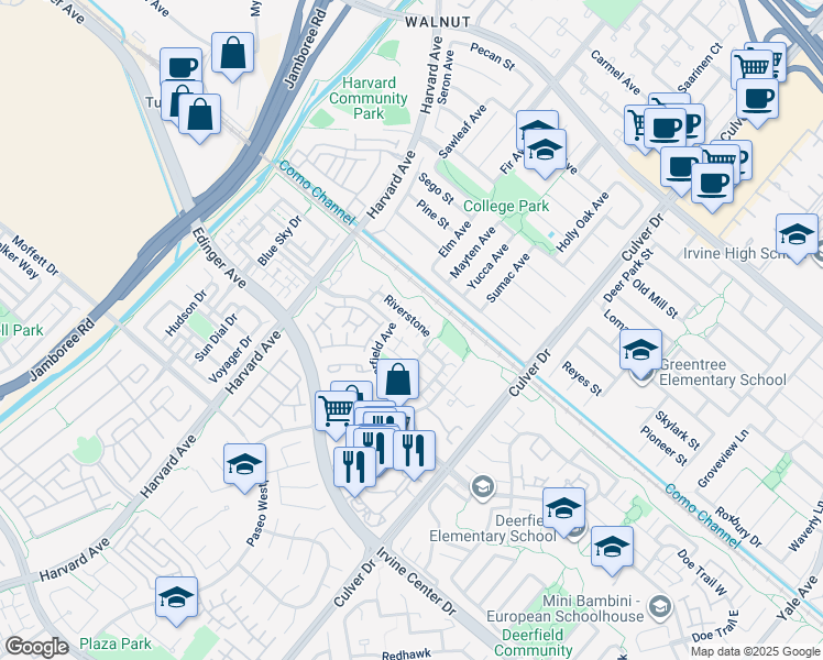 map of restaurants, bars, coffee shops, grocery stores, and more near 15 Riverstone in Irvine