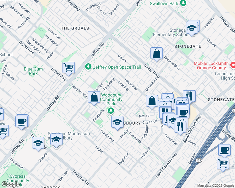 map of restaurants, bars, coffee shops, grocery stores, and more near 184 Sanctuary in Irvine