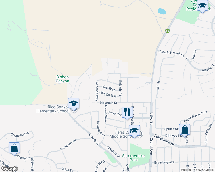 map of restaurants, bars, coffee shops, grocery stores, and more near 16511 Kiwi Way in Lake Elsinore