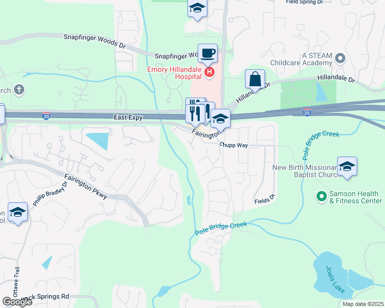 map of restaurants, bars, coffee shops, grocery stores, and more near 103 Tiburon Court in Stonecrest