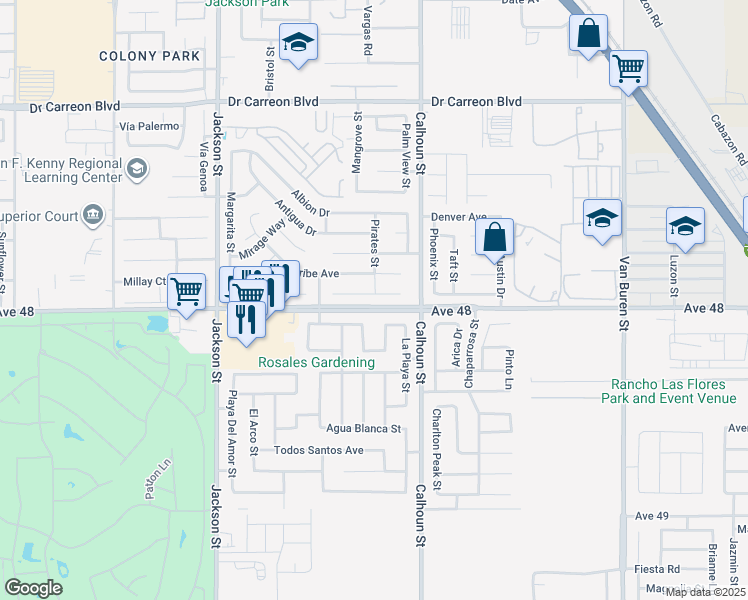 map of restaurants, bars, coffee shops, grocery stores, and more near 83403 Calypso Circle in Indio