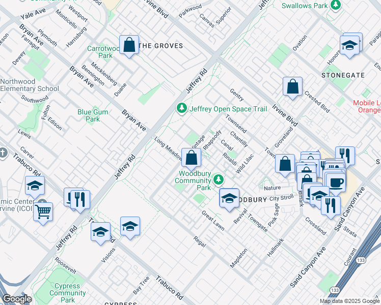 map of restaurants, bars, coffee shops, grocery stores, and more near 132 Vintage in Irvine