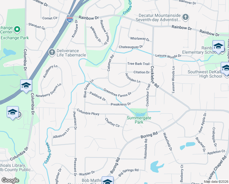 map of restaurants, bars, coffee shops, grocery stores, and more near 3670 Greentree Farms Drive in Decatur