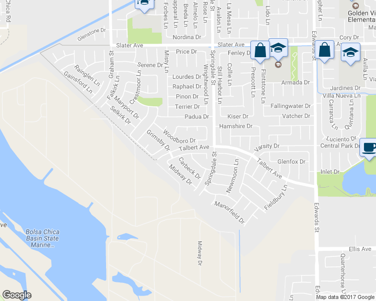 map of restaurants, bars, coffee shops, grocery stores, and more near 5861 Bellfield Lane in Huntington Beach