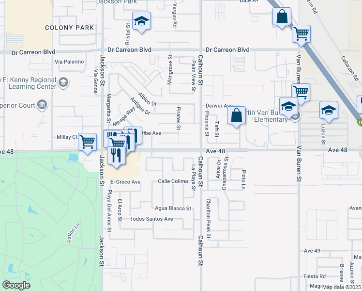 map of restaurants, bars, coffee shops, grocery stores, and more near 83403 Calypso Circle in Indio