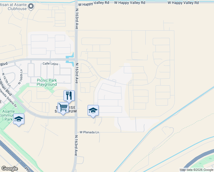 map of restaurants, bars, coffee shops, grocery stores, and more near 15948 West Creedance Boulevard in Surprise