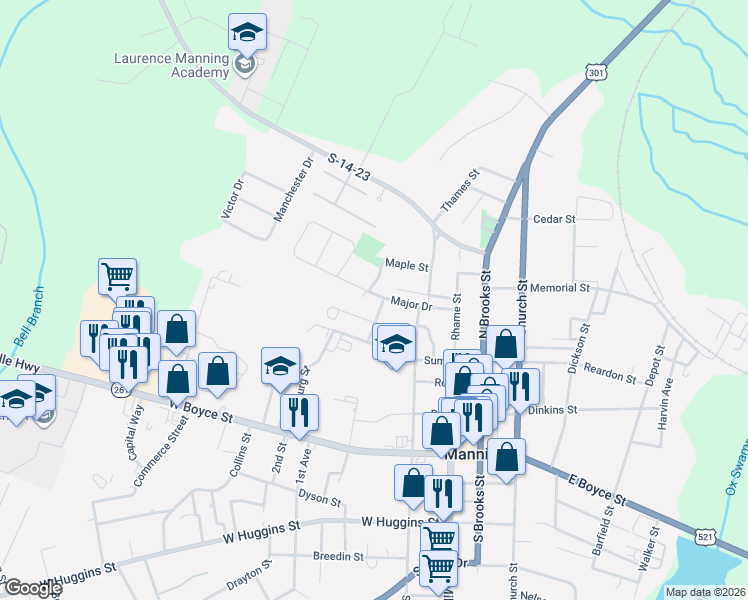 map of restaurants, bars, coffee shops, grocery stores, and more near 202 Major Drive in Manning