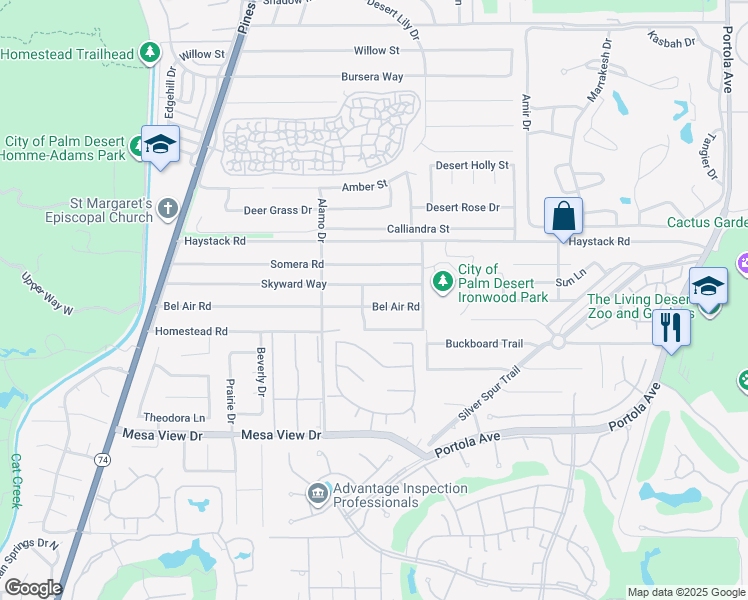 map of restaurants, bars, coffee shops, grocery stores, and more near 73112 Bel Air Road in Palm Desert