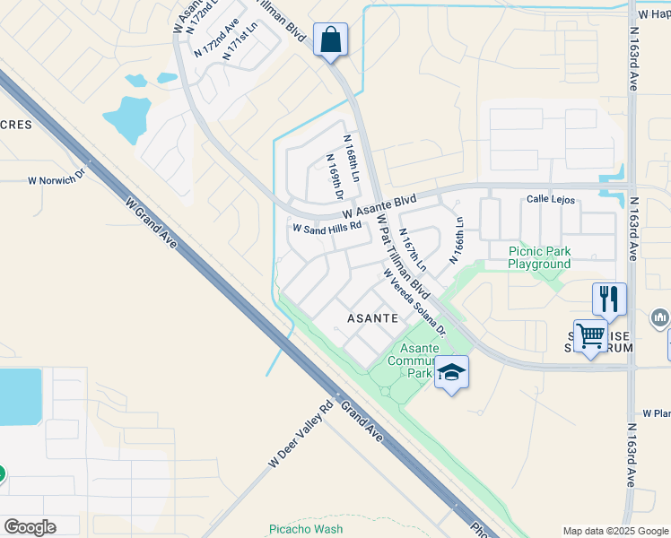 map of restaurants, bars, coffee shops, grocery stores, and more near 23825 North 169th Lane in Surprise