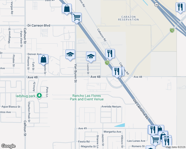 map of restaurants, bars, coffee shops, grocery stores, and more near 84172 Avenue 48 in Indio