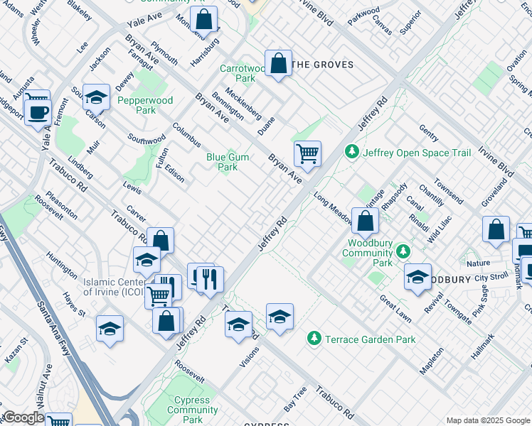 map of restaurants, bars, coffee shops, grocery stores, and more near 95 Wonderland in Irvine