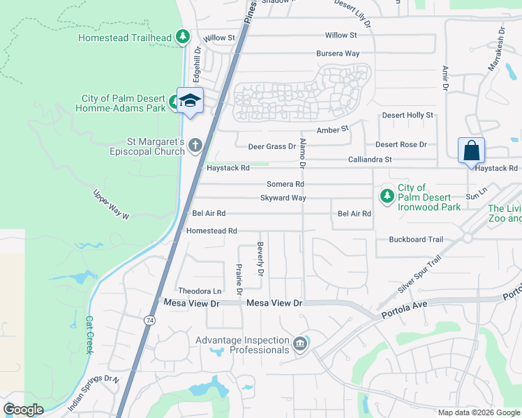 map of restaurants, bars, coffee shops, grocery stores, and more near 72870 Bel Air Road in Palm Desert