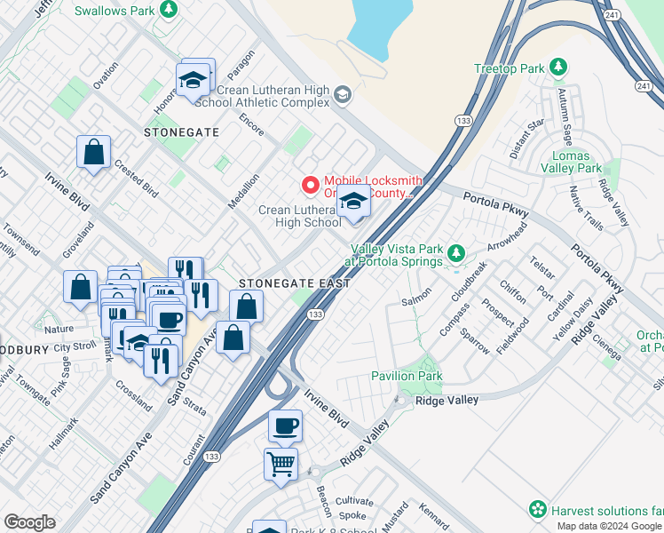 map of restaurants, bars, coffee shops, grocery stores, and more near 126 Coralwood in Irvine