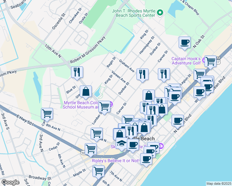 map of restaurants, bars, coffee shops, grocery stores, and more near 1102 Spivey Avenue in Myrtle Beach