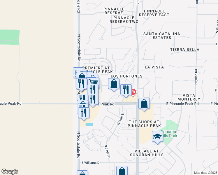 map of restaurants, bars, coffee shops, grocery stores, and more near 7389 East Adele Court in Scottsdale