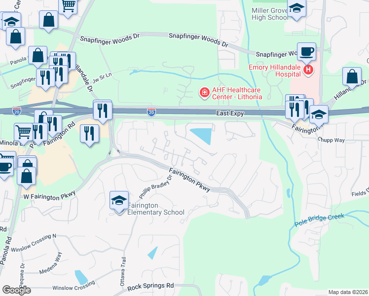 map of restaurants, bars, coffee shops, grocery stores, and more near 100 Walden Brook Drive in Lithonia