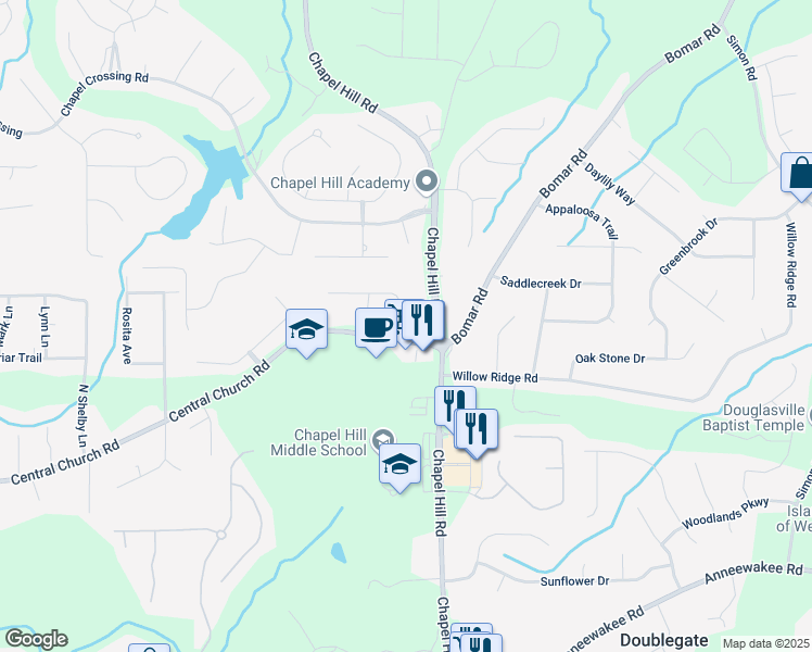map of restaurants, bars, coffee shops, grocery stores, and more near 4336 Central Church Road in Douglasville