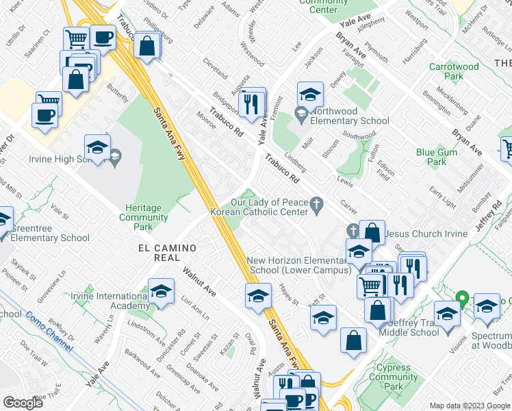 map of restaurants, bars, coffee shops, grocery stores, and more near 52 Van Buren in Irvine