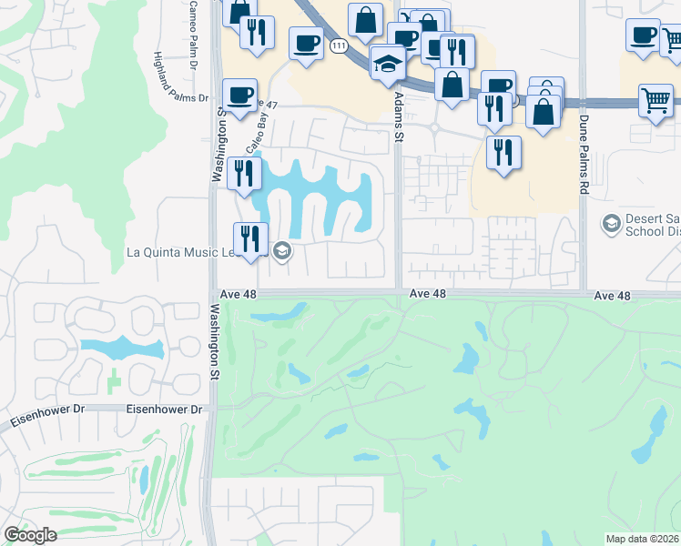 map of restaurants, bars, coffee shops, grocery stores, and more near 47935 Vía Opera in La Quinta