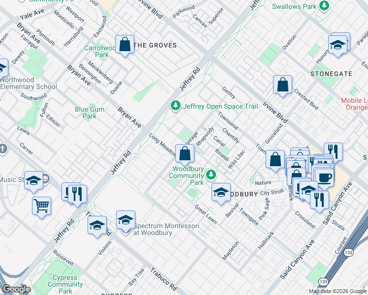 map of restaurants, bars, coffee shops, grocery stores, and more near 132 Vintage in Irvine