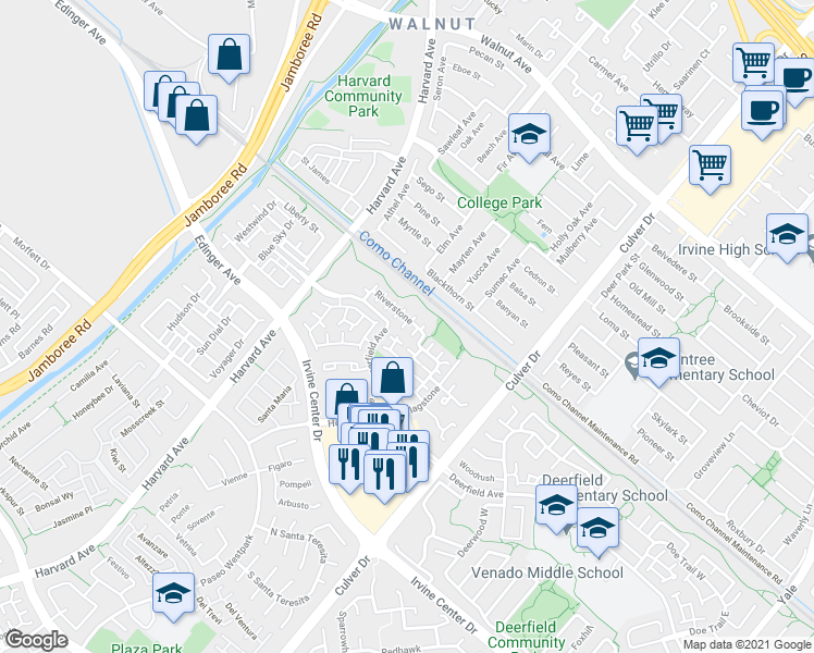 map of restaurants, bars, coffee shops, grocery stores, and more near 27 Gladstone in Irvine
