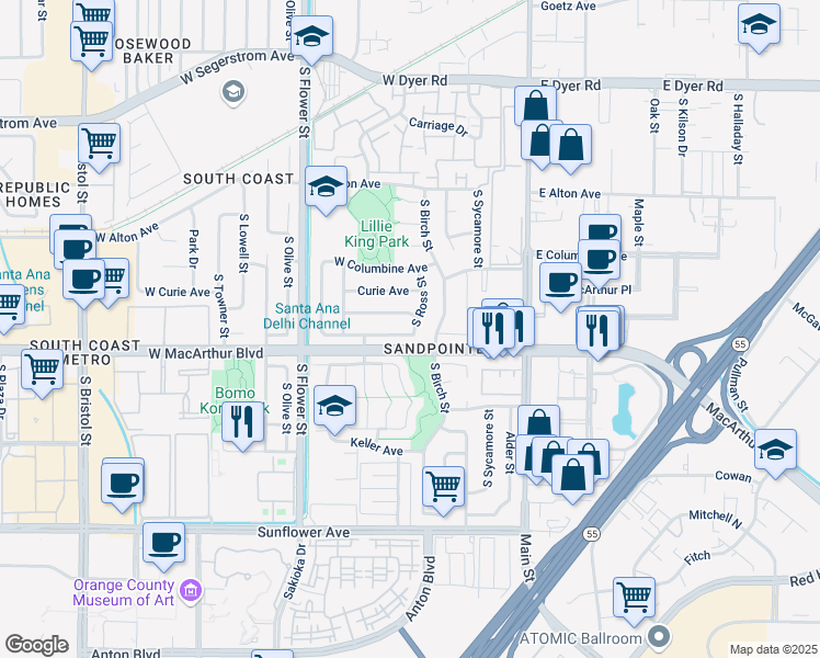 map of restaurants, bars, coffee shops, grocery stores, and more near 419 West Alpine Avenue in Santa Ana