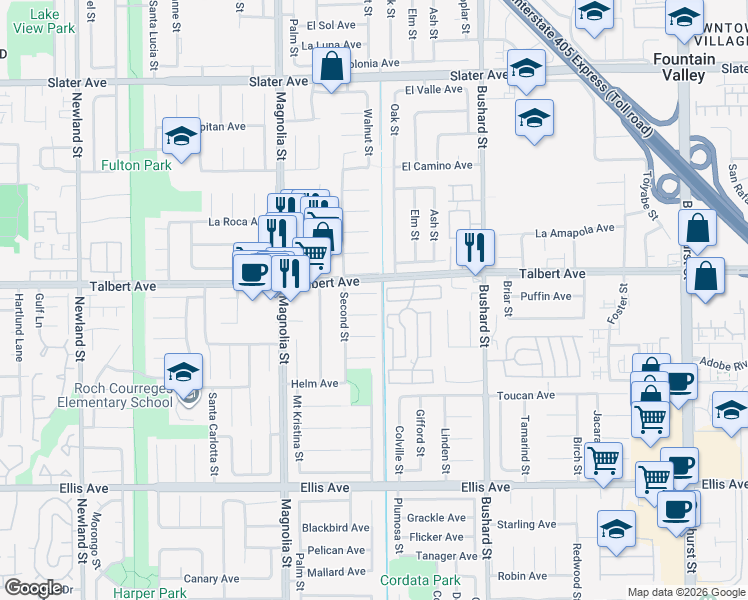 map of restaurants, bars, coffee shops, grocery stores, and more near 9241 Molt River Circle in Fountain Valley