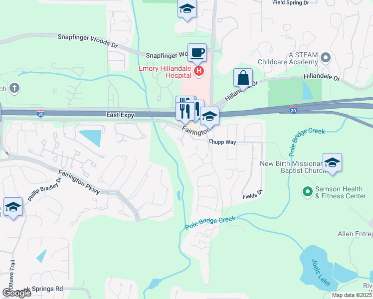 map of restaurants, bars, coffee shops, grocery stores, and more near Parc Lorraine in Stonecrest