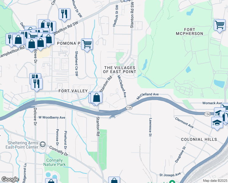 map of restaurants, bars, coffee shops, grocery stores, and more near 1751 Carter Circle in East Point