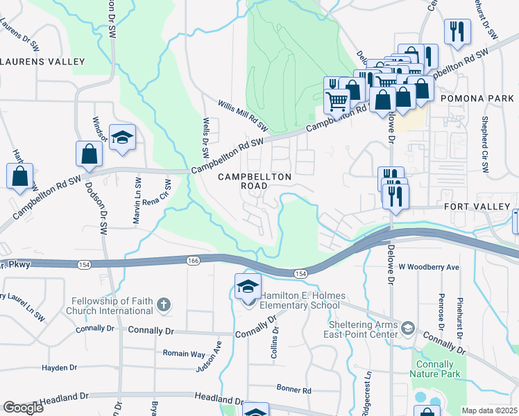 map of restaurants, bars, coffee shops, grocery stores, and more near 2039 Bent Creek Way Southwest in Atlanta