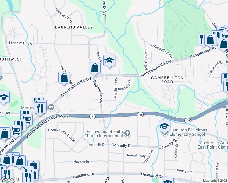map of restaurants, bars, coffee shops, grocery stores, and more near 2001 Marvin Lane Southwest in Atlanta